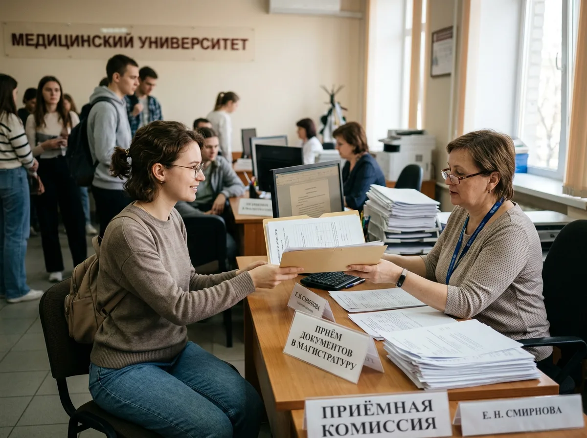 Студентка магистратуры подаёт документы в приёмную комиссию медицинского университета